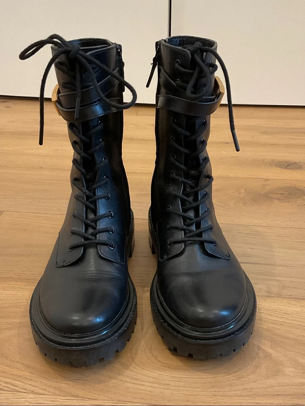 Tory Burch Black Lace-Up Leather Combat Boots